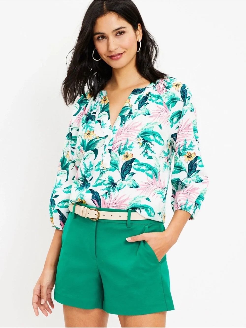 LOFT‎ Medium Tropical Floral Print 3/4 Puff Sleeve Cotton Blend Blouse Top